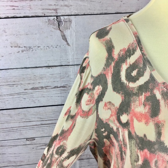 Chico's Tan w/dark gray and light coral design top - Picture 3 of 7